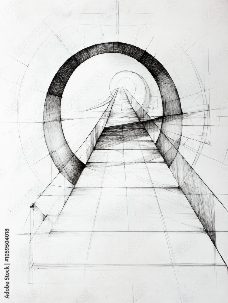 Poster The artwork features an abstract representation of a bridge, showcasing intricate lines and circular forms that emphasize perspective. Generative AI