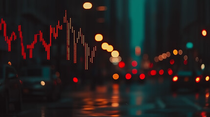 A red digital display of a stock market graph against a blurry city night background.