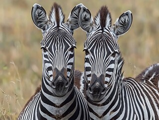 Naklejka premium Close-up portrait of two zebras with their heads together