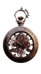 photo of a steampunk pocket watch with intricate gears and metallic details, realistic style, transparent background,
