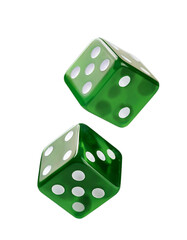 Two green dice in the air, one on top of the other.