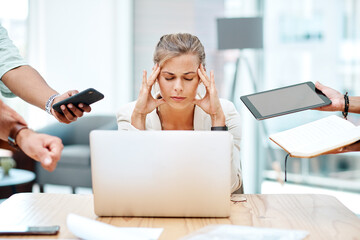 Business woman, multitasking and headache with frustrated, mental health and stress at office....