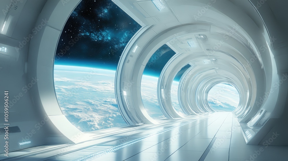 Poster futuristic corridor showcasing advanced technology and breathtaking views of earth through expansive