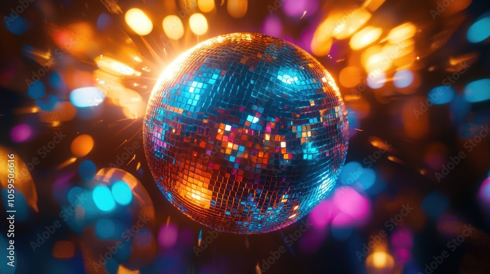 Poster colorful disco lights reflect off a spherical disco ball creating an abstract wallpaper background s
