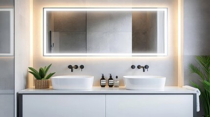 Fototapeta premium LED-lit mirror with matte black fixtures, futuristic bathroom ambiance