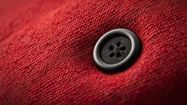 A black button on red fabric with a textured surface.
