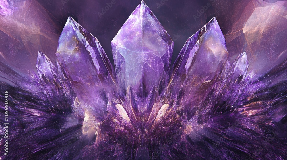 Poster a symmetrical abstract composition featuring crystal like shapes in hues of purple evoking a sense o