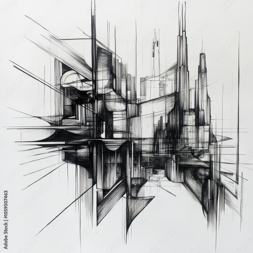 Poster the artwork features an abstract representation of an urban landscape, emphasizing lines and angles 