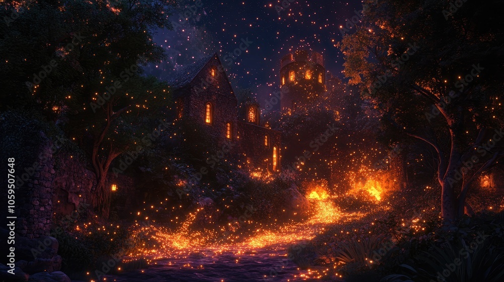 Poster a lively nighttime setting illuminated by the bright glow of embers and swirling sparks from a fire