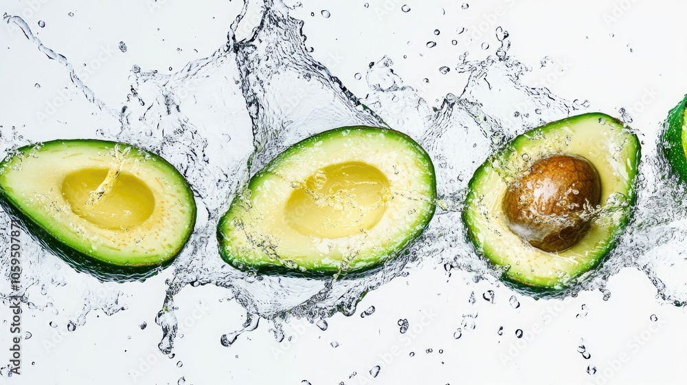 Poster Sliced avocado captured in freeze motion with splashing water on a white background