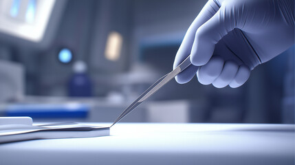 Close-Up of Gloved Hand Holding Medical Tweezers on Sterile Examination Table, Emphasizing Precision and Sterile Handling in a Clinical Environment