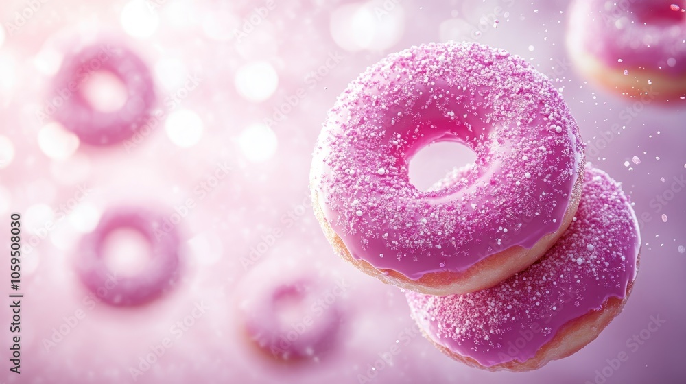 Aufkleber vibrant pink and purple donuts joyfully float against a simple background with soft bokeh light spot