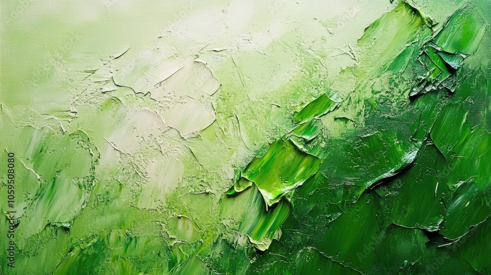 Poster abstract oil painting on canvas featuring paint spots and strokes in a range of green tones crafted 