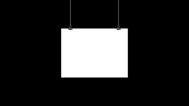 Paper hanging on clip animation. Poster mockup with white frame. Realistic empty banner. Seamless loop animation. Transparent background with alpha channel