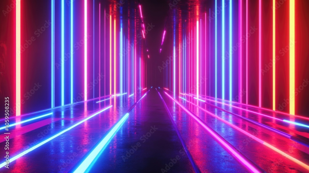 Poster 3D rendering of an abstract background featuring ultraviolet spectrum red and blue neon lights vertical glowing lines and a laser show with an equalizer effect creating an optical illusion in a vi