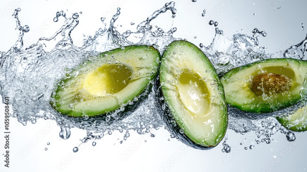 Aufkleber Sliced avocado captured in freeze motion with splashing water on a white background