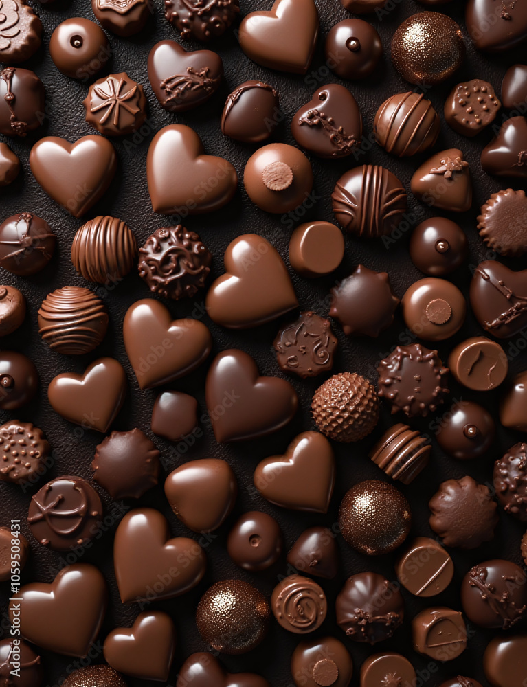 Poster chocolates of various shapes and sizes appear to fill a room when arranged in an overhead view from 