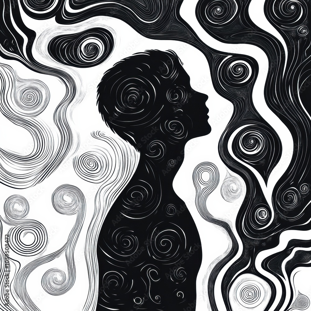 Leinwandbilder a person’s silhouette is enveloped by swirling abstract patterns, evoking a feeling of introspection