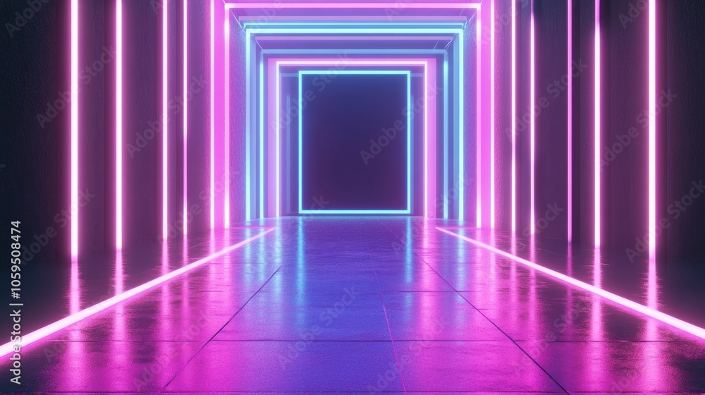 Aufkleber 3D rendering of an abstract neon backdrop featuring a blank frame virtual reality display ultraviolet hues laser effects a fashion runway and reflective flooring