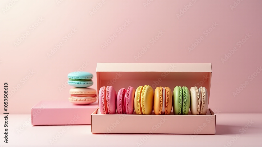 Poster colorful macarons arranged in a beautiful gift box mockup against a soft light background for photog