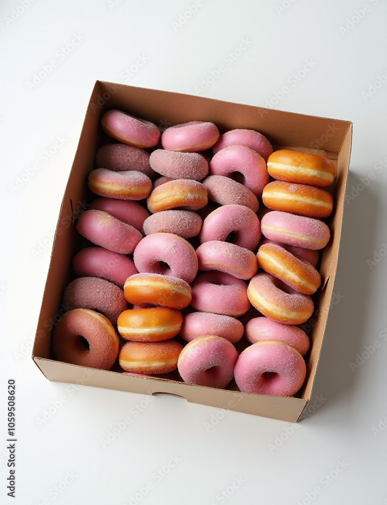 Poster colorful donuts packed tightly in a paper box with a white background and 144 donuts inside surround