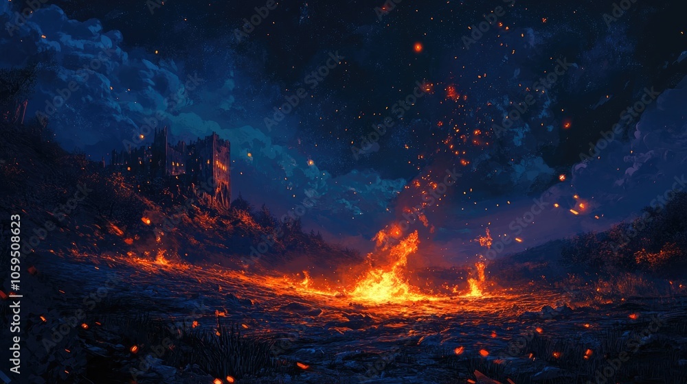 Aufkleber a lively nighttime setting illuminated by the bright glow of embers and swirling sparks from a fire