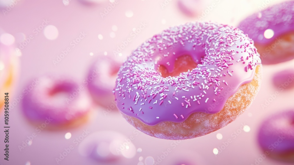 Poster Vibrant pink and purple donuts joyfully float against a simple background with soft bokeh light spots
