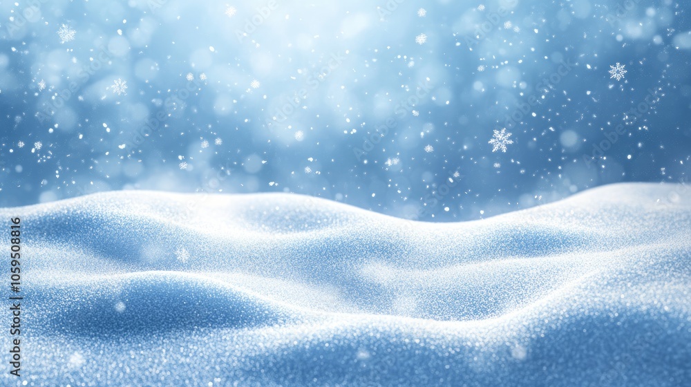 Poster winter scene featuring snow covered drifts gentle light and falling snowflakes against a blue sky ad