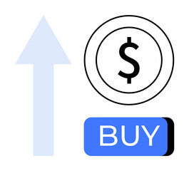Business growth symbolized by a large upward arrow next to a dollar sign inside a coin and a blue BUY button. Ideal for investment, e-commerce, marketing, sales strategy, financial success, profit