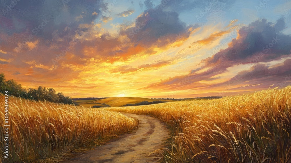 Poster a tranquil path meanders through golden fields beneath a striking sunset sky capturing the essence o