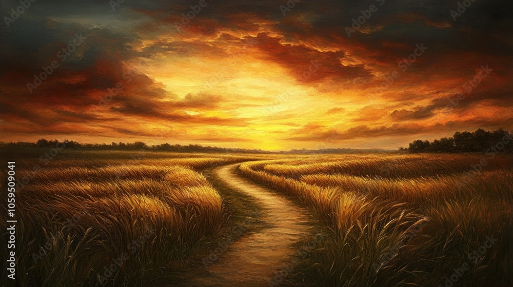 Poster a tranquil path meanders through golden fields beneath a striking sunset sky capturing the essence o