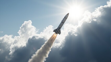 Missile flying through clouds with spiraling contrail and sunlight glinting off its body
