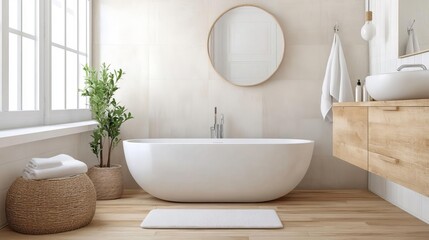 Fototapeta premium Scandinavian-inspired bathroom with natural fixtures, cozy modern feel