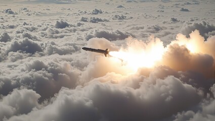 Rocket missile piercing through cumulus clouds creating swirling tunnel with intense glow