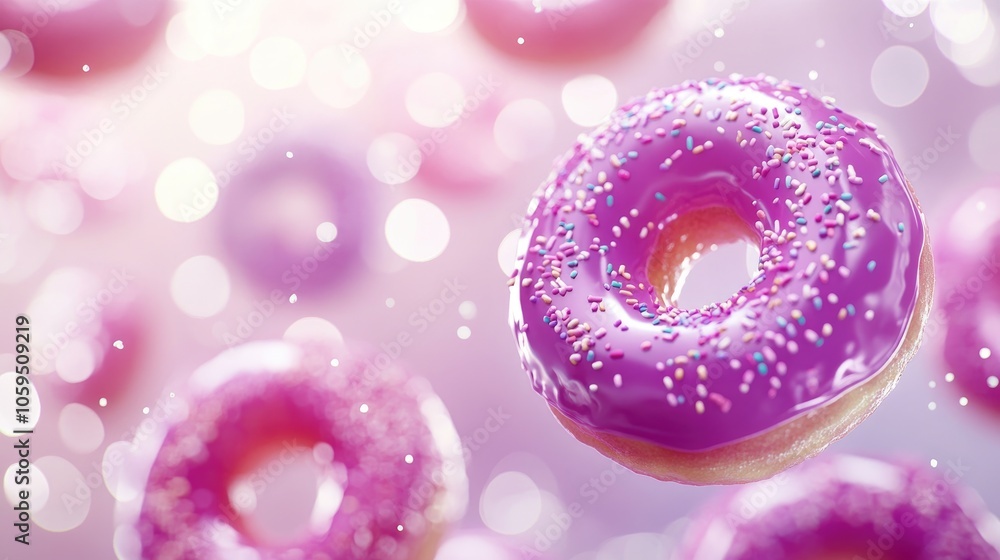 Aufkleber vibrant pink and purple donuts joyfully float against a simple background with soft bokeh light spot