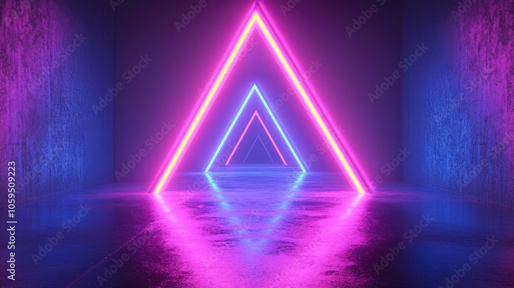 Aufkleber 3D render of a blue and pink neon triangular frame featuring triangle shapes and empty space illuminated by ultraviolet light in a retro 80s fashion show abstract background