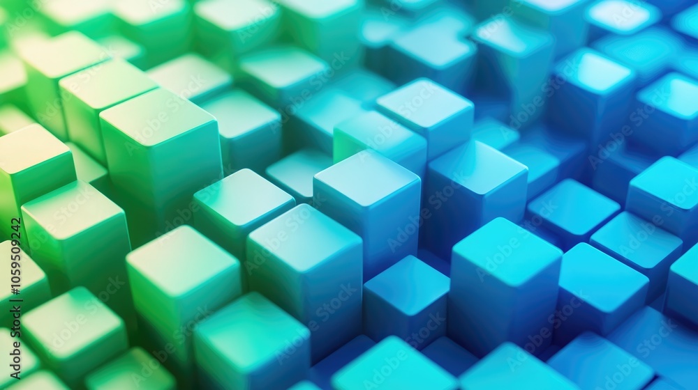 Poster Abstract 3D render featuring a colorful geometric background comprising cubic mosaic structures and isometric patterns in shades of blue and green ideal for logic games