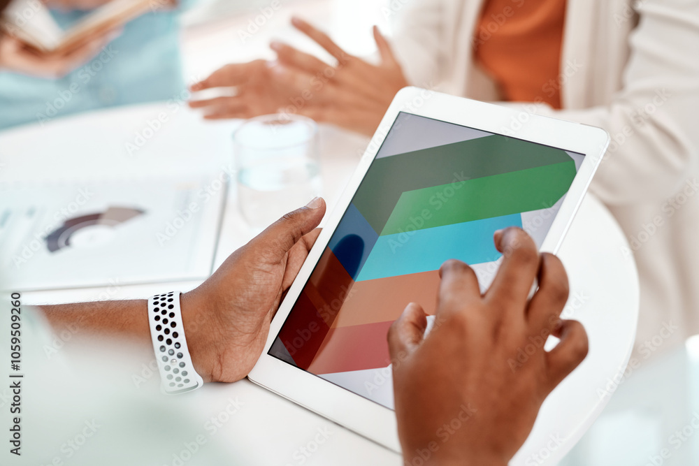Aufkleber office, screen and worker on tablet for web design for website, research and online software, profes