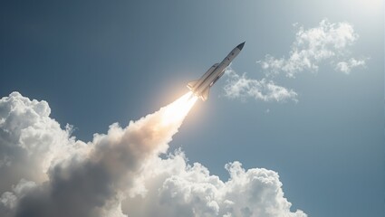 Missile soaring through wispy clouds reflecting sunlight leaving a spiraling vapor trail