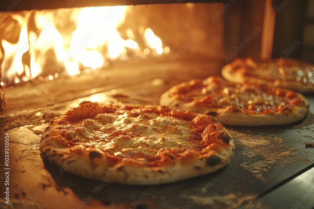 Aufkleber a collection of pizzas are baking in a traditional stone oven, with flames flickering around them, c