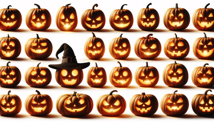 Halloween pumpkins arranged in rows against white backdrop, Jack-o-Lantern pumpkins evil looking, illustration wallpaper background