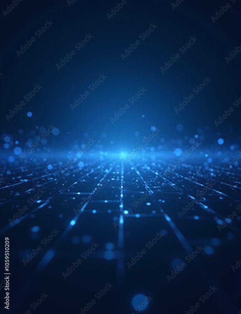 Poster Dark blue digital background features sparkling blue light particles forming lines and surfaces in a grid of deep depth.