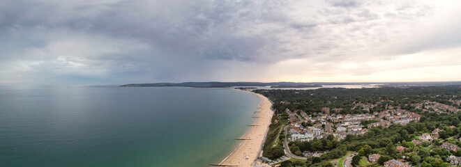 Aerial Panoramic View of Best British Tourist Attraction at Bournemouth City of England Great Britain UK. High Angle Footage was Captured with Drone's Camera from High Altitude on August 23rd, 2024