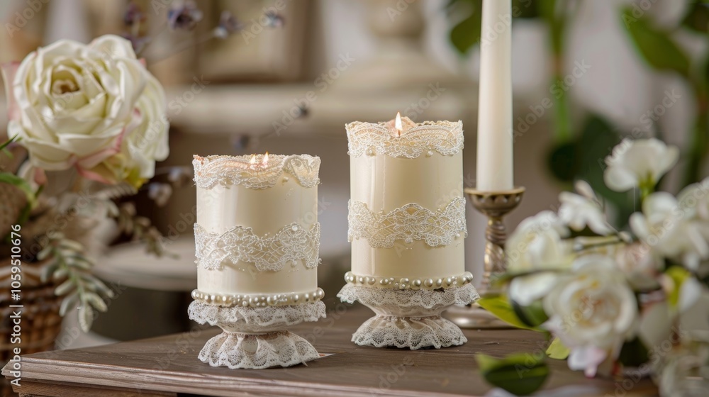 Poster a pair of candleholders adorned with intricate lace and small pearls adding a touch of feminine char