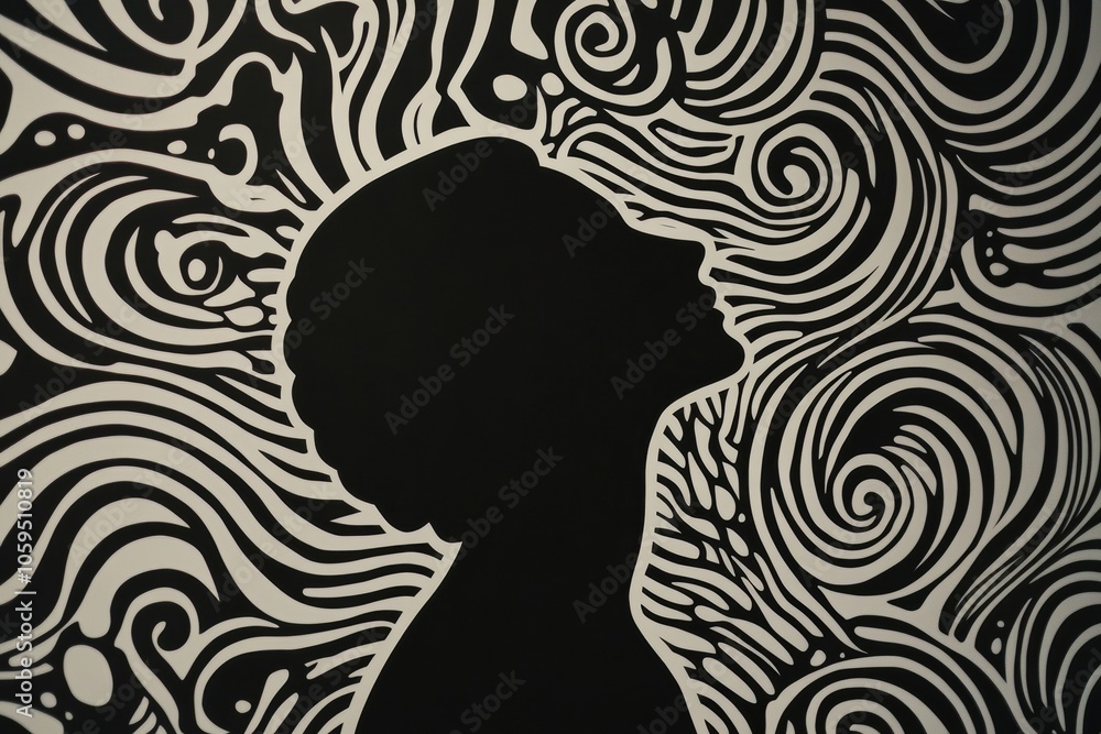 Fototapete A stylized silhouette depicts a person deep in thought, surrounded by swirling patterns that represent creativity and imagination. Generative AI