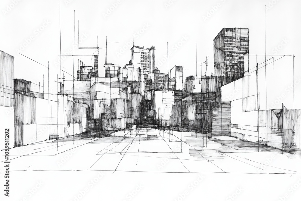 Poster the artwork features a dynamic cityscape with bold geometric shapes and intricate line work, capturi