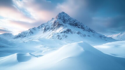 A stunning snow-covered mountain rises majestically against a light pastel sky, surrounded by gentle snowy hills. The serene winter landscape evokes a sense of tranquility.