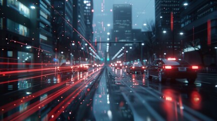 Fototapeta premium As dusk falls the citys automated streetlights adjust their brightness based on traffic flow data collected through the 5G network.