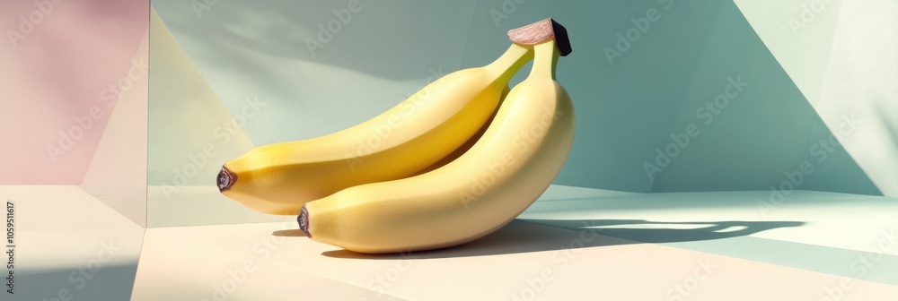 Poster two ripe bananas are positioned on a colorful abstract background featuring geometric shapes, enhanc