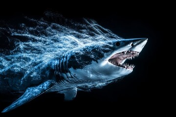 Naklejka premium A white shark with its mouth open, dark background.